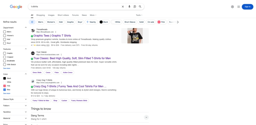 google search results for products