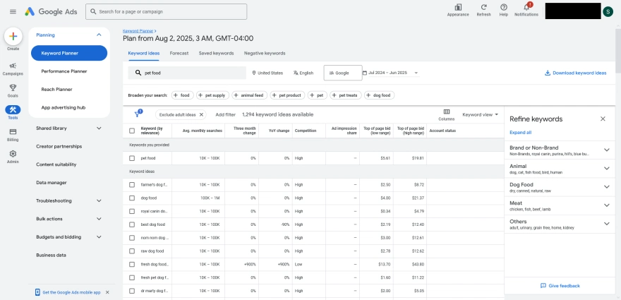 google keyword planner interface