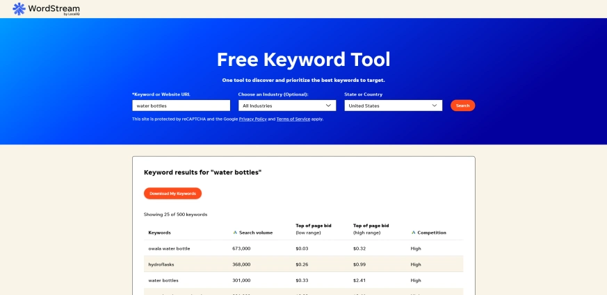 wordstream free keyword tool