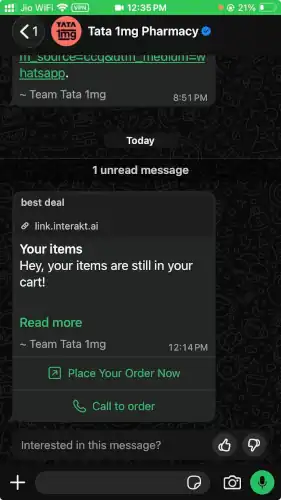 1mg whatsapp cart abandonment message