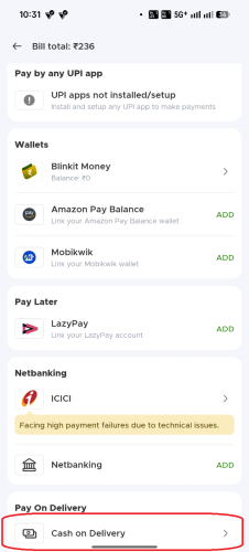 hidden cod button on zomato blinkit