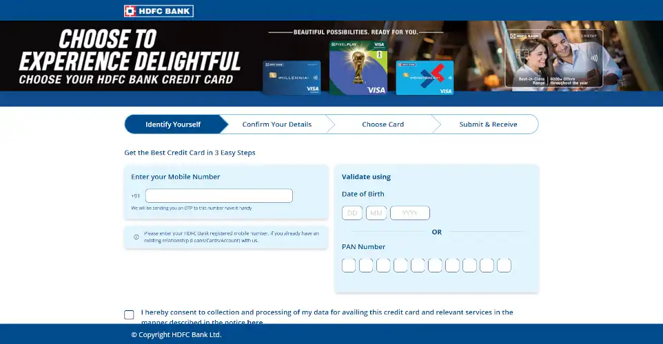 multi step signup hdfc bank credit card