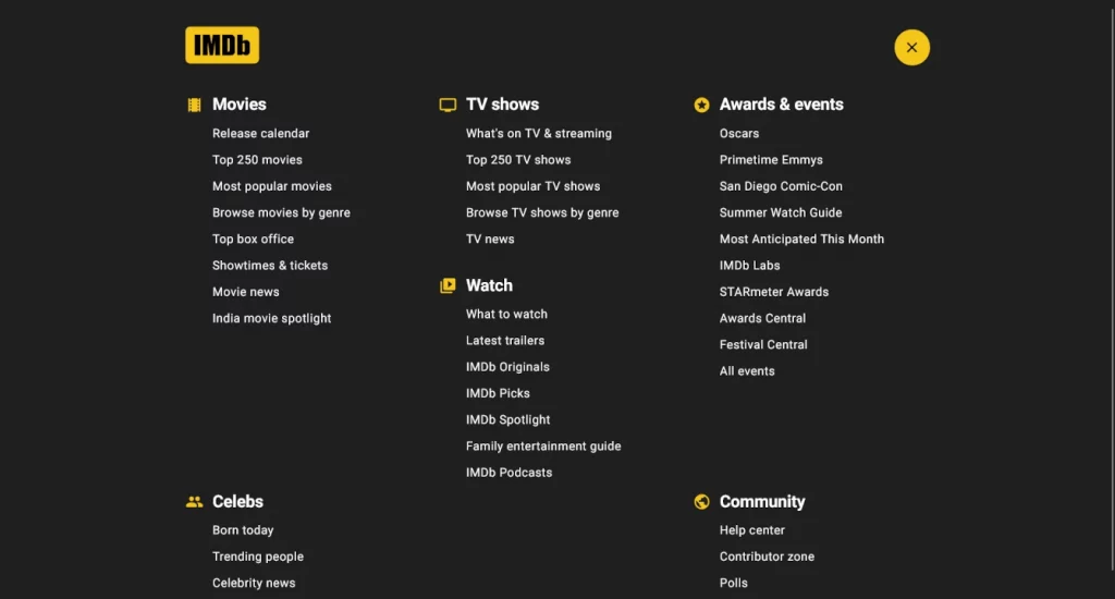 imdb navigation menu categories subcategories