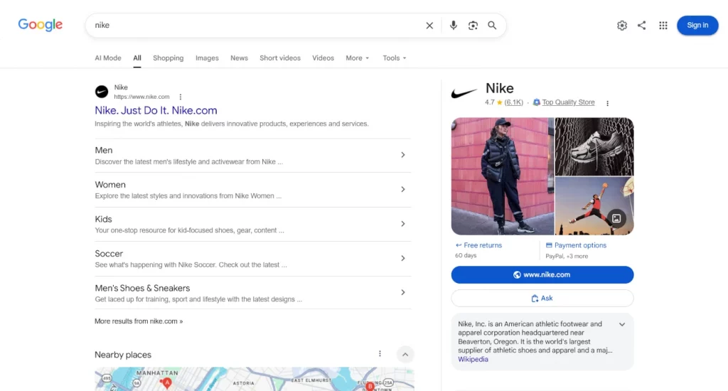 nike sitelinks in google serp